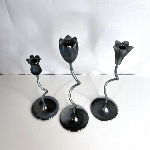 Partylite Trio of Dancing Flowers Slim Candle Holder Sticks Silver Metal-Retired - Picture 3 of 15